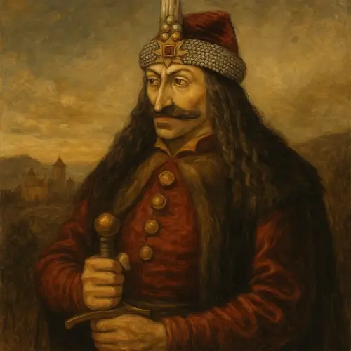 Kılıç taşıyan, uzun saçlı ve kırmızı kaftanlı bir orta çağ lideri tasviri.